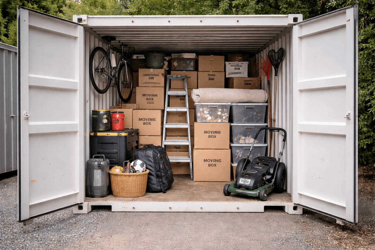 Blick in einen geöffneten Lagercontainer mit Umzugskartons, Fahrrad, Rasenmäher und Haushaltsgegenständen – BOBE